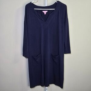 Lilly Pulitzer Women's Navy Blue V-Neck Knit Tunic‎ Dress Pockets Casual sz S
